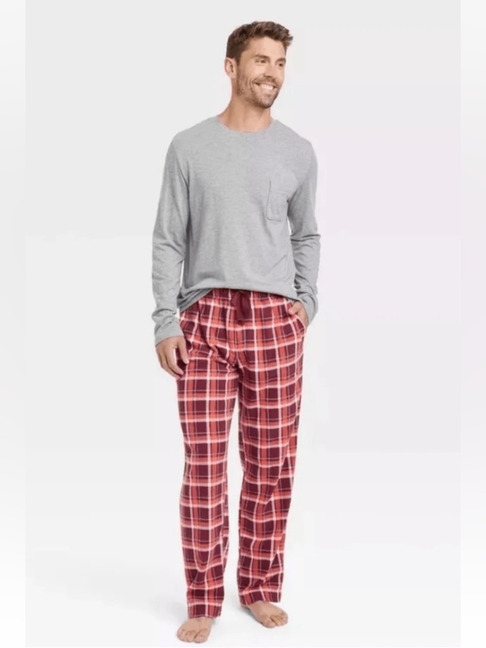 Goodfellow & Co Gray and Red Plaid 2-Piece Pajama Set, Size Medium Tall, NEW!